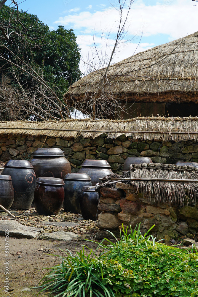 Korean style old house and crocks at backyard Korean style old house and crocks at backyard
