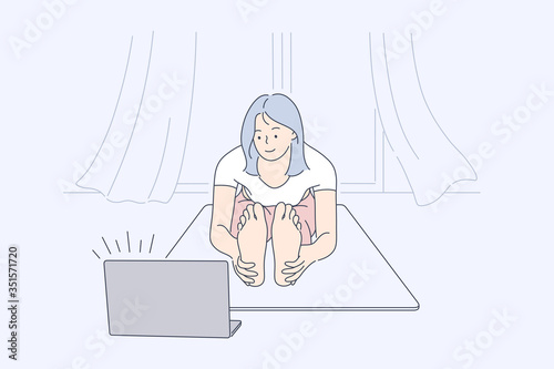Sport, yoga, fitness concept. Young happy woman girl athlete in sportswear cartoon character does workout doing stretching and using laptop in living room at home. Active lifestyle and body healthcare