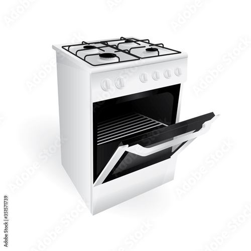 Kitchen gas stove realistic illustration. Gas Freestanding Range. Single oven gas range with 4 sealed burner cooktop. Part of set.