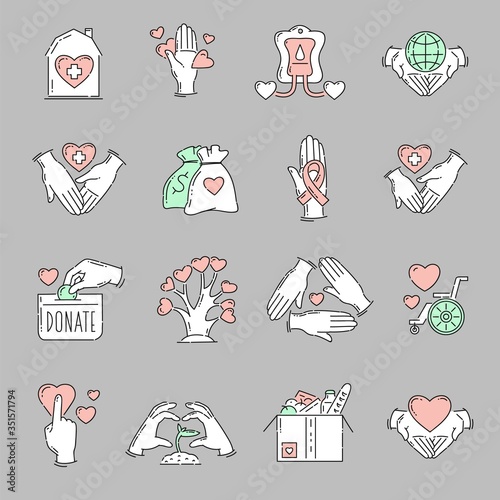 Charity icon set in flat hand drawn cartoon style