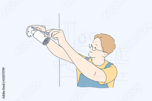 Installation, service, camera concept. Man boy technician worker cartoon character repairing or setting new video observation device with screwdriver. Security support safety provision illustration.
