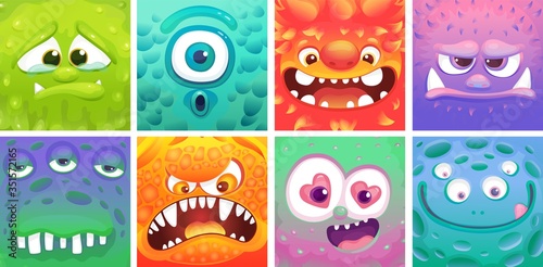 Cute colorful cartoon moster set - different facial expressions of alien animals.