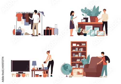 Flea market sale drawing set - isolated cartoon people buying old clothes, furniture and plants
