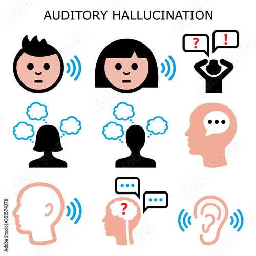 Auditory sound hallucination - hearing voices in the head, schizophrenia vector color icons set - paracusia concept
