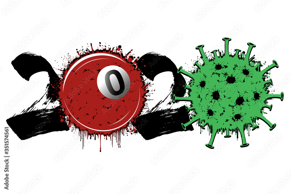 Abstract numbers 2020 and coronavirus sign with billiard ball made of blots. Stop covid-19 outbreak. Caution risk disease 2019-nCoV. Cancellation of sports tournaments. Vector illustration