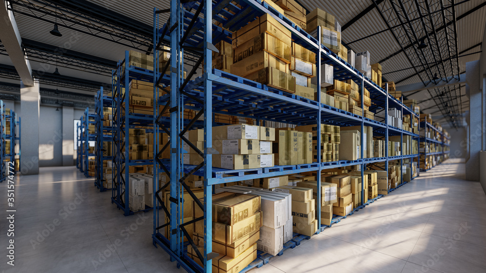 Shelves Inside a Warehouse Stacked with Boxes 3D Rendering
