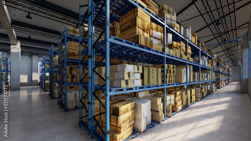 Shelves Inside a Warehouse Stacked with Boxes 3D Rendering