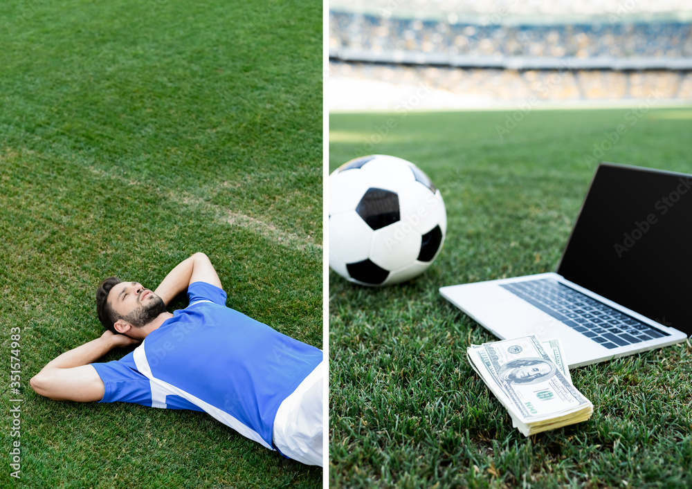 collage of professional soccer player in blue and white uniform lying on football pitch, laptop, money and ball at stadium collage of professional soccer player in blue and white uniform lying on football pitch, laptop, money and ball at stadium