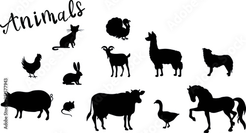 Animals silhouette, cat, cow, pig, horse, dog, hare vector isolated design elements on white background. Concept for logo, icon, print 