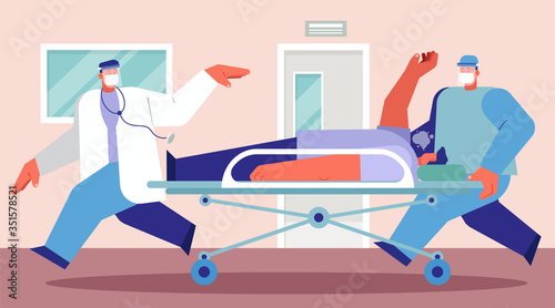 Emergency case for Coronavirus critical patient on stretcher concept, doctor with medical team riding bed with critical pneumonia patient to emergency room with extra treatment, flat vector design.