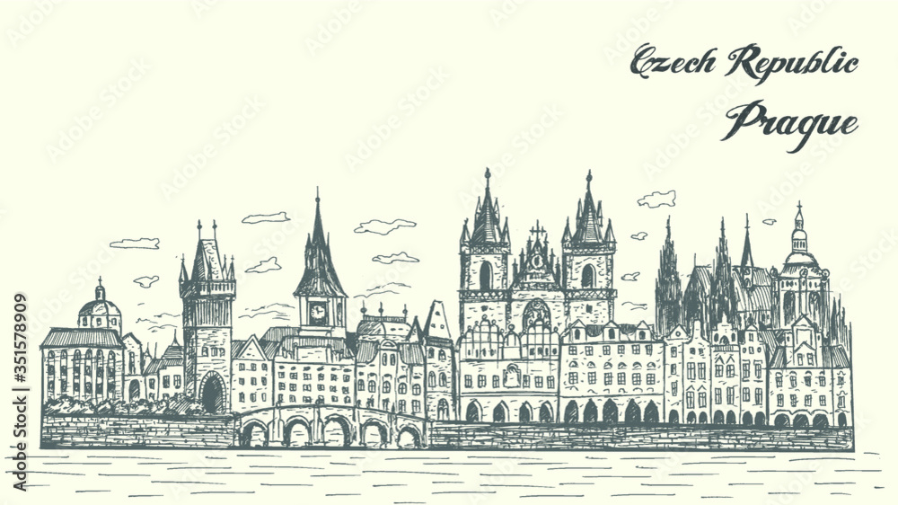Prague city Czech Republic architecture panorama. Hand drawn, isolated ,vector illustration.