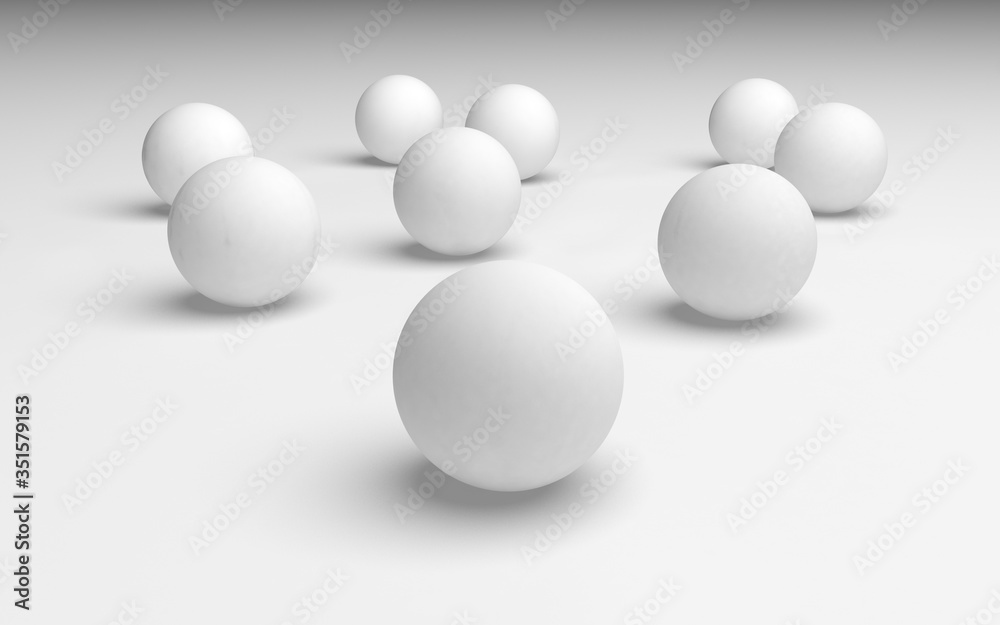 White abstract background. Set of white balls isolated on white backdrop. 3D illustration