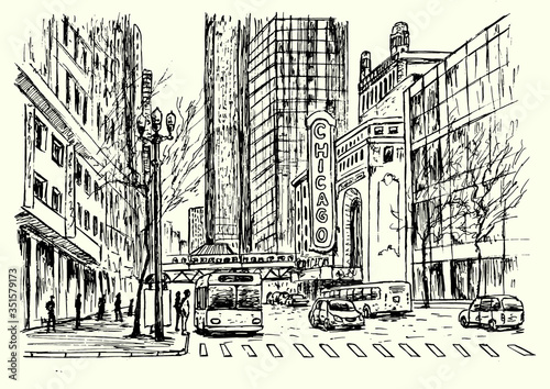 Chicago city street scene with architecture and traffic . Hand drawn isolated vector illustration.
