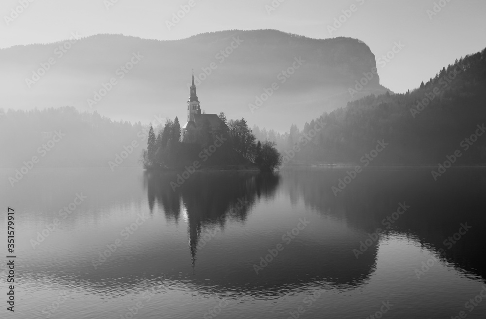 Fototapeta premium Pilgrimage Church of the Assumption of Mary on Bled Island Lake Bled Slovenia