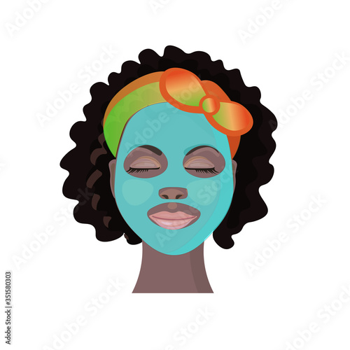 African woman wearing blue cosmetic facial mask. Vector illustration.