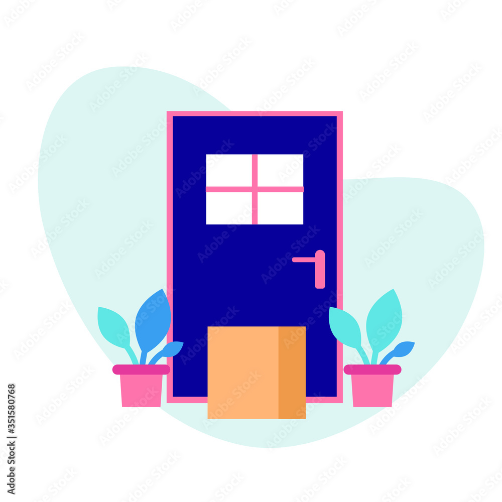 Contactless delivery. Package is next to the door to the house in flat style. Goods are delivered to the door. Stay at home concept. Concept of quarantine and prevention of spread of coronavirus.