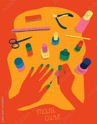 Female hands coloring nails manicure surrounded by tools and cosmetics for nail care, top view. Colorful vector illustration in flat cartoon style. Poster for beauty salon.