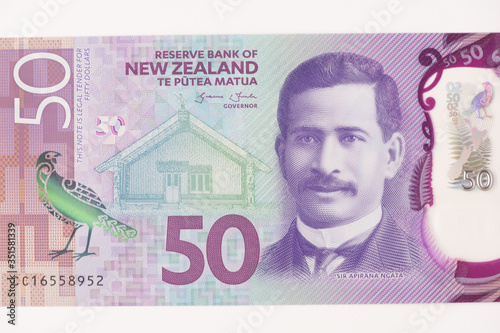 Close-up of New Zealand 50$ dollars banknotes, Macro shot of New Zealand currency. photo
