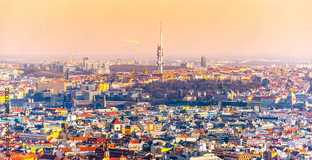 Fototapeta premium Prague panoramic cityscape with Zizkov Tower in the middle. Praha, Czech Republic