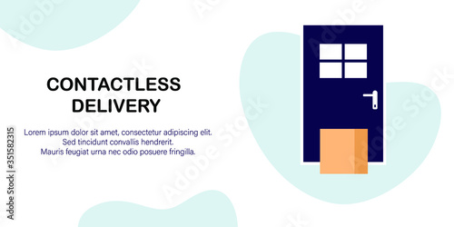Contactless delivery. Package is next to the door to the house in flat style. Goods are delivered to the door. Stay at home concept. Concept of quarantine and prevention of spread of coronavirus.