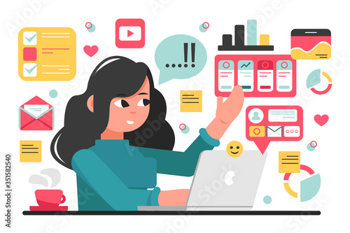 Social media, network, freelance, business concept. Youn woman girl freelancer content manager working at laptop. Multitasking skill development SMM strategy planning and internet marketing analysis.