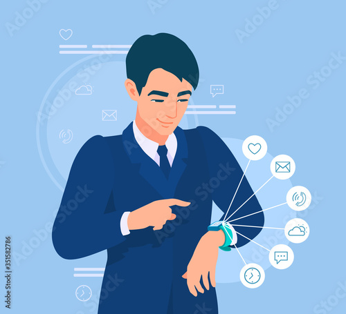 A businessman looks at a smartwatch. A man uses a fitness tracker. The application's icons showing the functionality of a device. An office worker checks his activity. Vector cartoon illustration.