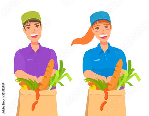 A delivery boy and girl holding a paper bag with the order. A courier delivering grocery food. Groceries, vegetables, bread. A vector illustration isolated on a white background.