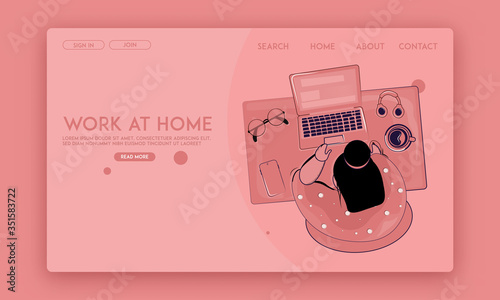 Work From Home web page template top view design concept. A woman doing work at home on her laptop at her home with full of dedication. Freelancing work, online classes, education, study.