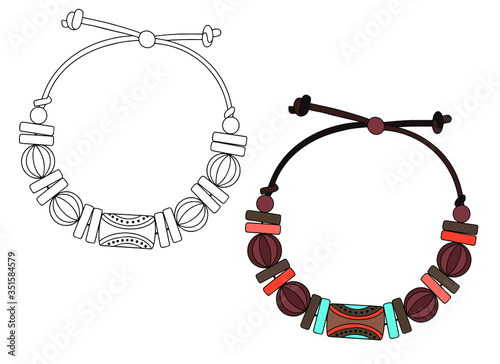 Handmade jewelry in ethnic style: a bracelet with wooden beads on a string. Vector illustration isolated on a white background.