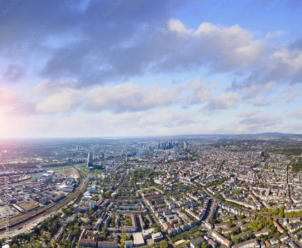 beautiful panorama of frankfurt am main in sunlight