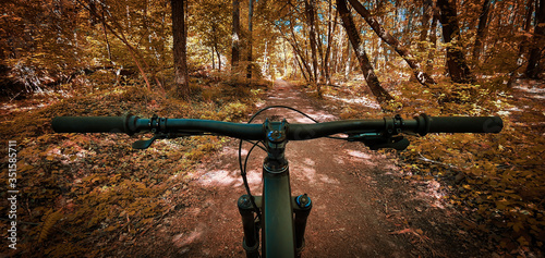 Autumn mountain bike trail with handlebars in the foreground