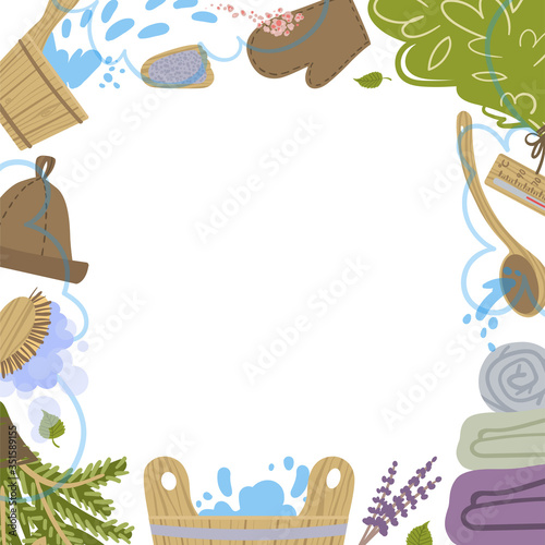 Frame with attributes and detals for sauna bath. Vector illustration.