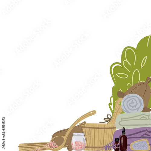 Frame with attributes and detals for sauna bath. Vector illustration.