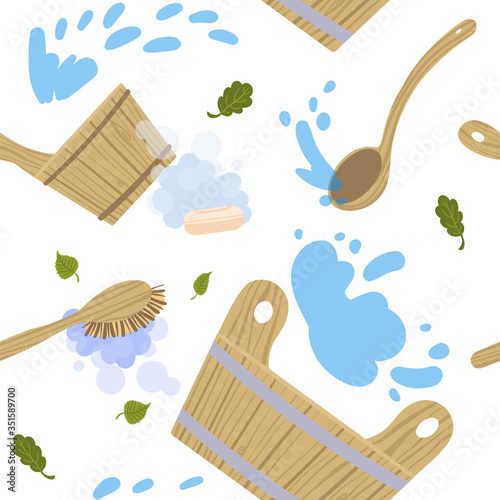 Seamless pattern with attributes and detals for sauna bath. Vector illustration.