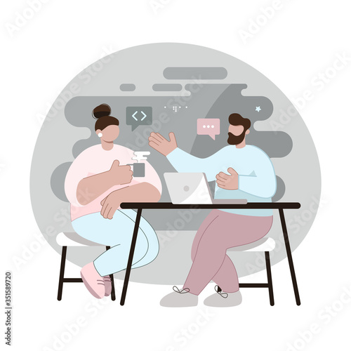 Vector illustration for web design. Freelancer is sitting at the computer. Works from home. Work in the office. Designer, programmer, writer, illustrator. Stylized cartoon characters.