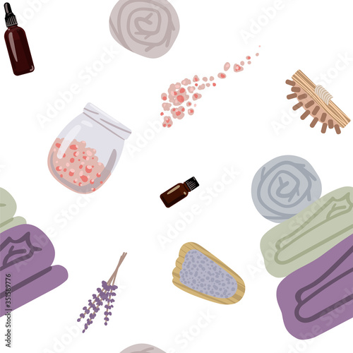 Seamless pattern with attributes and detals for sauna bath. Vector illustration.