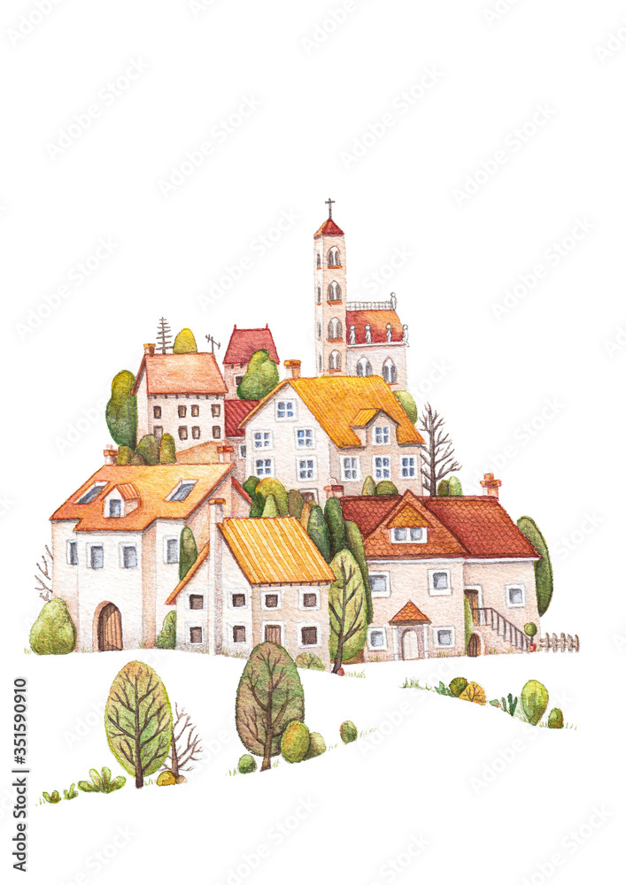 Illustrazione ad acquerello, piccolo e bel paesino europeo sulla collina.  Gruppo di case con tetti di tegole rosse, arancioni e gialle, chiesa,  stradine e alberi autunnali Illustration Stock | Adobe Stock