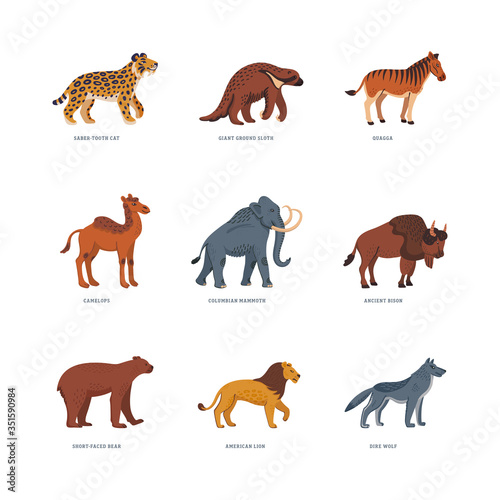 Extinct animals. Prehistoric american extinct wild animals. Flat style vector illustration isolated on white background.