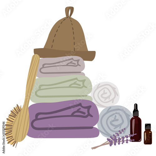 Picture with attributes and details for sauna bath. Vector illustration.