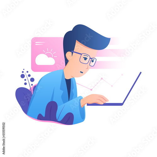 Happy man with glasses work from home in front of a laptop screen looking for weather forecasts