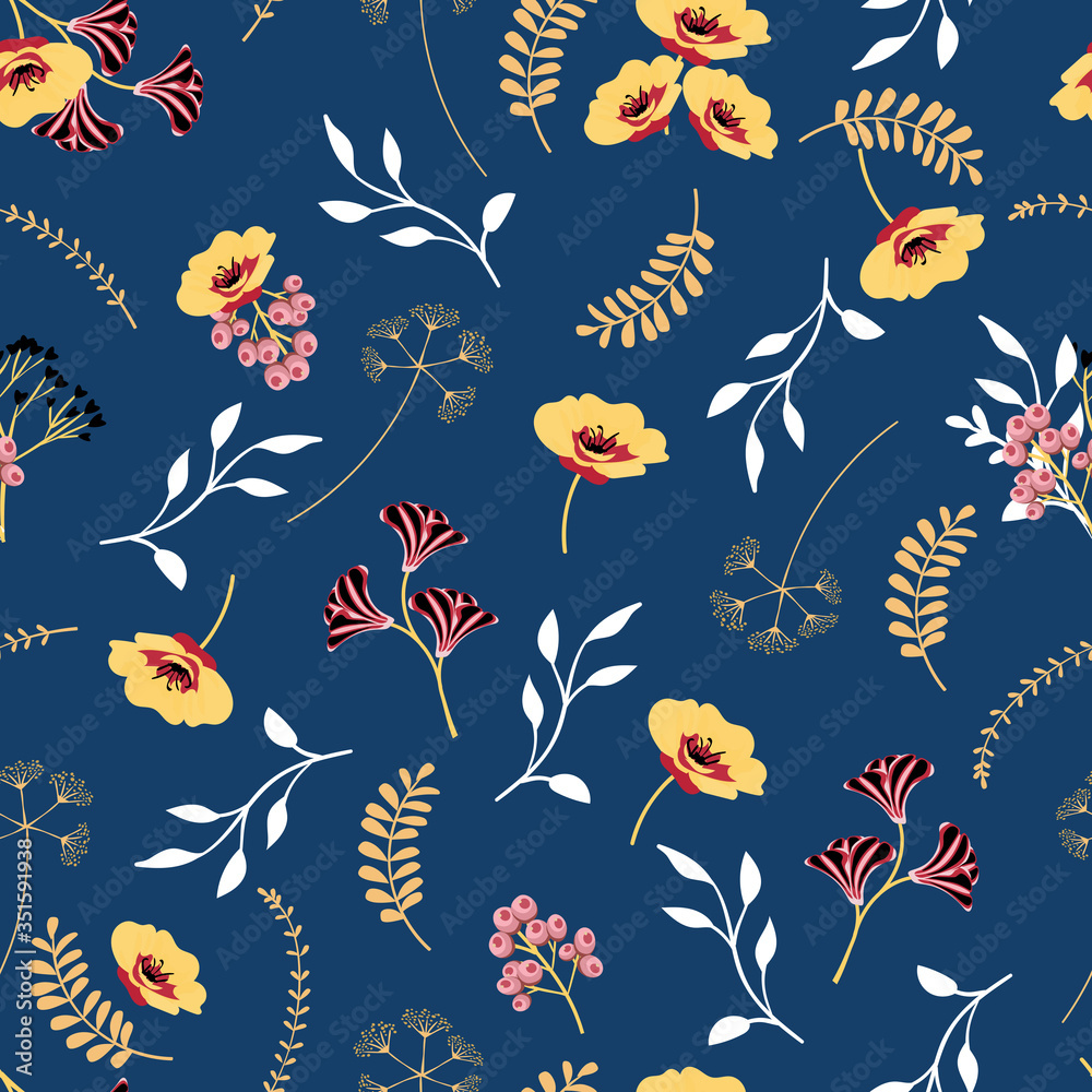 Fototapeta premium Vector seamless pattern with leaves and flowers on blue background. Floral illustration for textile, print, wallpapers, wrapping.