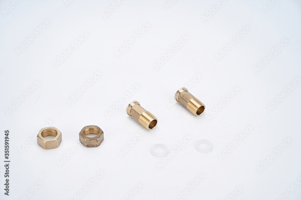 Two gold screws with hollow screws on a white background