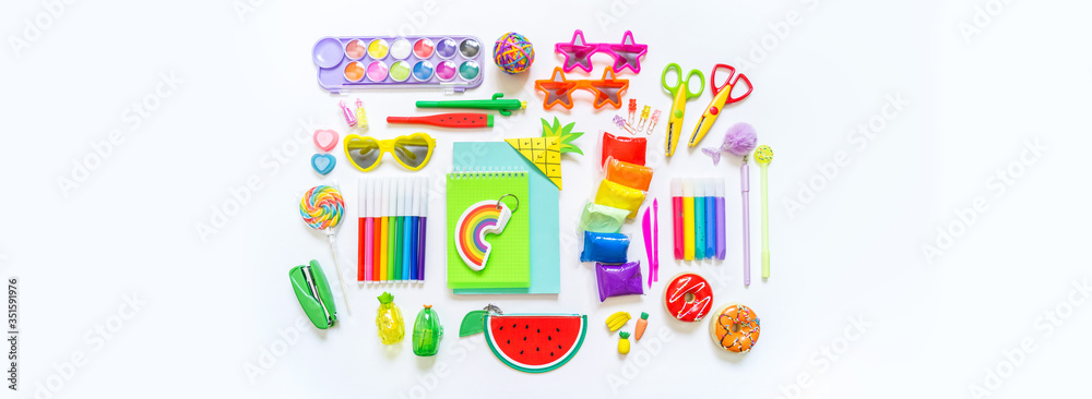 School supplies. Stylish stationery in bright rainbow. Banner Copy space