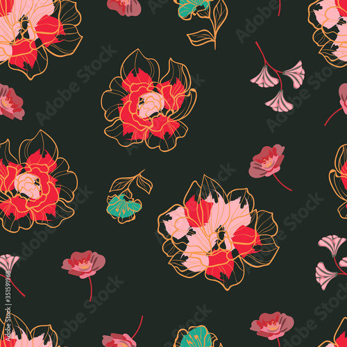 Vector seamless  pattern with  leaves and  flowers on dark background.  Flora...