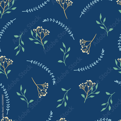 Vector seamless  pattern with  leaves and  flowers on blue background.  Flora...