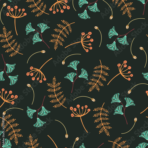 Vector seamless  pattern with  leaves and  flowers on dark background.  Flora...