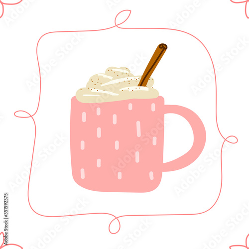 Seamless Cute Scandinavian vector pattern. A pink cup is filled with hot drink, foam, cream, cinnamon. Eggnog, coffee, cocoa, chocolate, milk on a white background. Winter holidays element