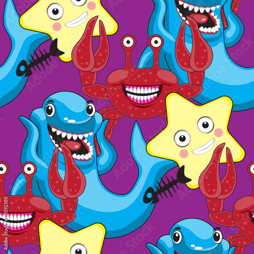 seamless pattern for children of shark crab star on purple background. Vector image