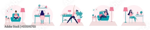 Stay home concept.Girl doing yoga,working from at home office and surfing on internet using tablet.Self isolation, quarantine due to Coronavirus. Set of flat vector illustration of home activities.