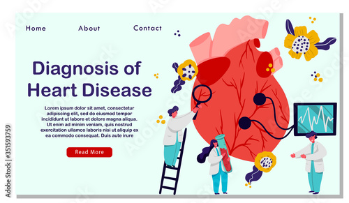 Cardiology website design, heart disease treatment clinic, vector illustration. Stethoscope, cardiogram and medical equipment for heart healthcare. Checkup at cardiology hospital, online appointment.
